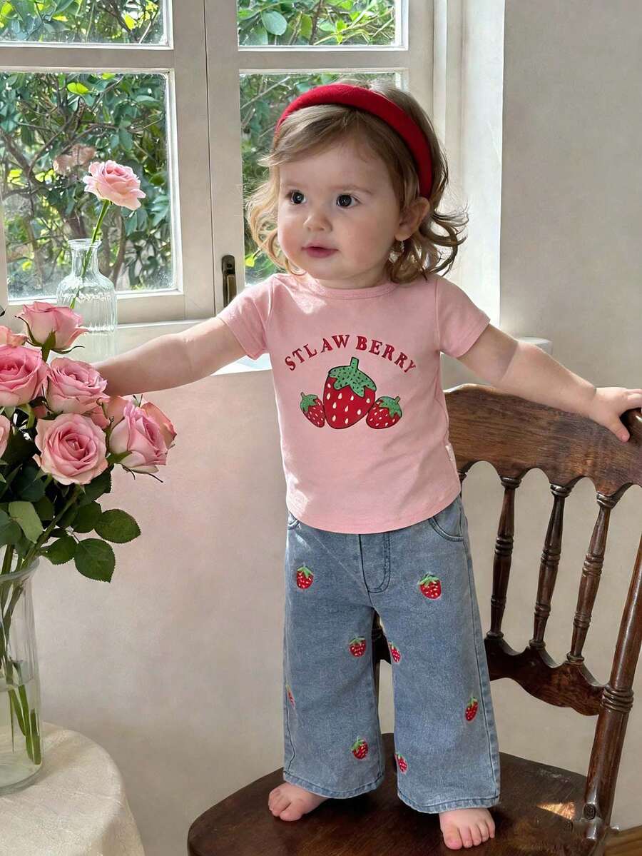 SHEIN 女婴休闲可爱粉色蝴蝶结印花短袖上衣和荷叶边蝴蝶结牛仔裤套装，夏季 - 粉色 - 查看 1