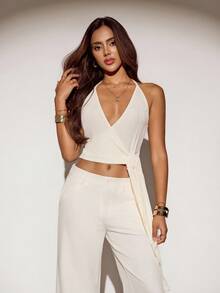 SHEIN ICON Sexy V-Neck Ribbon Decor Camisole Backless Tank Top For Women Golf White Summer - Beige - View 3