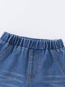 Pantalones vaqueros de pierna ancha de estilo coreano de moda versátil para niñas, cintura alta con bordado de corazón, cómodo algodón premium, uso diario básico para la escuela y vacaciones, pantalones vaqueros de pierna ancha para niñas con corazones y mariposas, pantalones vaqueros de campana, pantalones holgados para niñas - Azul lavado medio - Ver 6