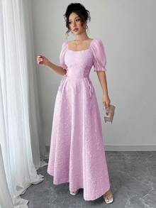 Modelyn Đầm dài tay phồng xuyên thấu, eo thắt, vạt xòe cho nữ - Màu tím - Xem 4