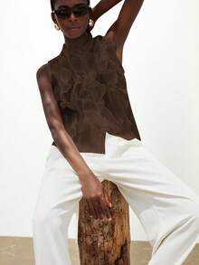 Aveloria Modichic Blusa elegante, romántica y versátil para mujer, de cuello con volantes de tul texturizado y sin mangas - Café integral - Ver 5