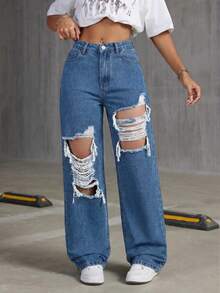 SHEIN ICON Distressed Slant Pocket Casual Loose Straight Leg Jeans - Medium Wash - View 3