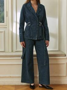 Dazy-Less Spring/Summer Romantic Design Loose Casual Commute Elegant Blue Shirt And Straight Leg Jeans Women 2-Piece Suit - Blue - View 5