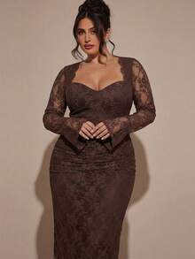 SHEIN BAE Đầm ren dài tay cỡ lớn dành cho nữ, đầm thanh lịch. - Cà phê nâu - Xem 4