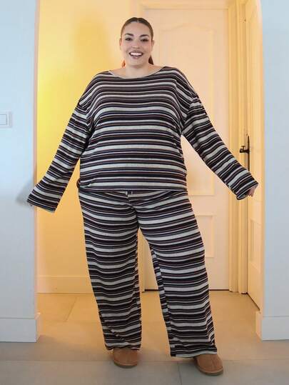 Pretty and Ole 秋季大码休闲条纹圆领长袖上衣和裤子两件套