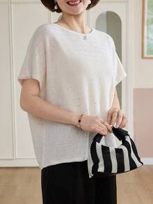 Livesso 女士宽松蝙蝠袖亮面T恤针织衫 - 米色 - 查看 3