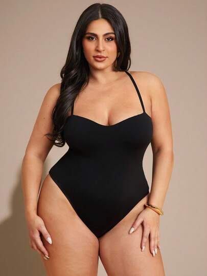 SHEIN BAE Plus Size Black Casual Spaghetti Strap Cami Bodysuit Sleeveless Knitted Fabric Criss Cross Detail