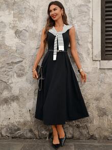 Ellevyn 优雅女士圆领收腰A字中长连衣裙，配条纹披肩两件套，适合通勤、约会、外出、度假、婚礼宾客、晚礼服等场合。 - 黑與白 - 查看 9