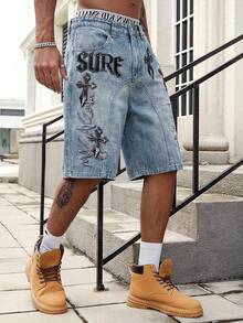 ROMWE MEN Men's Summer Casual Fashion Street Cross & Letter Digital Print Denim Shorts - Blue - View 2