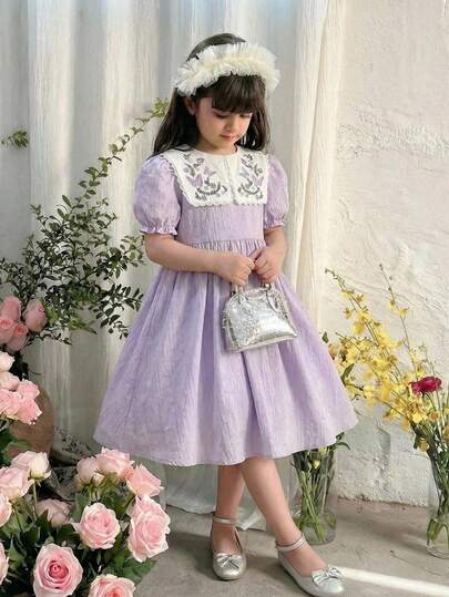SHEIN Tween Girl Loose Casual Puff Sleeve Floral Embroidered Mid-Length Dress