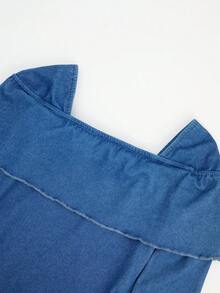 GlowEve Women's Casual 3D Floral Asymmetric Hem Lettuce Edge Denim Blouse, Autumn - Blue - View 6