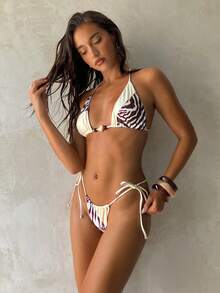 Aloruh 条纹和纯色拼接不对称胸饰挂脖系带沙滩比基尼两件套泳衣 - 彩色 - 查看 6