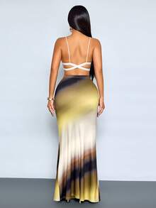 SOLERSUN Spring/Summer Women's Wear: Elegant And Stylish, Perfect For Beach Vacations And Casual Days. Features A Yellow-Brown Gradient Knit Stretch Fabric And A Fishtail Skirt. - Yellow - View 2