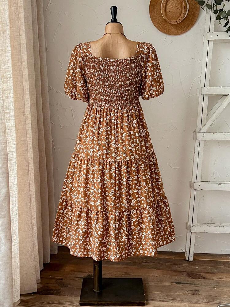 Plus Size Summer Vacation Ditsy Floral Contrast Lace Petal Sleeve Dress Summer Dress  Summer Outfits Summer Clothes Spring Dress Spring Outfit Women Spring Clothing Country Style For Women Country Dress For Women