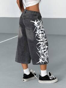 StreetHx Women's Fashion Casual Printed Straight Leg Wide Leg Jeans - Grey - View 2