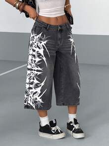 StreetHx Women's Fashion Casual Printed Straight Leg Wide Leg Jeans - Grey - View 6