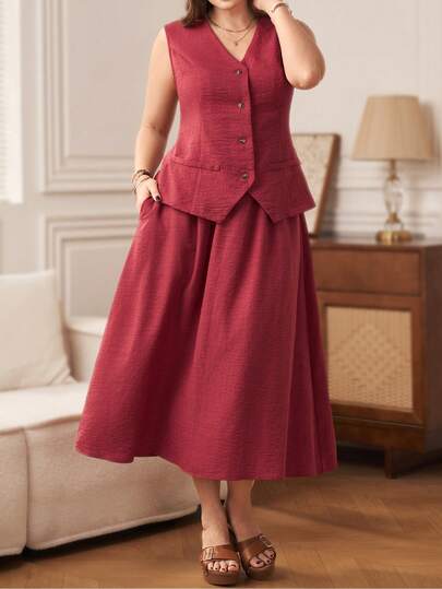 EMERY ROSE 大码女装两件套：纯色单排扣马甲和半裙，休闲通勤装/夏季/优雅