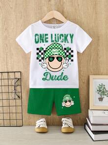 SHEIN GraphicGems Spring And Summer Toddler Boys Casual Fashion Creative Personalized Fresh Cute Kawaii Cartoon Face Green Plaid Hat, Clover, Star, Four-Leaf Clover Pattern Letter Slogan Print Casual Basic Short T-Shirt And Shorts Set, Comfortable Daily Wear Cozy Summer Styles Suitable For Spring And Summer Baby Boy Outfits - Multicolor - View 4