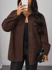 Truni Plus Size Women Solid Color Long Sleeve Single-Breasted Cargo Pocket Casual Jacket, Autumn Fall Winter, For Pear Triangle Body Shape - Chocolate Brown - View 7