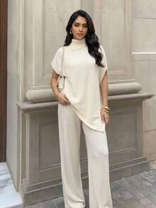 Aloruh Áo thun nữ tay ngắn cổ cao, màu trơn, vạt lệch, kiểu dáng thường ngày, đa năng, chất liệu dệt kim, thích hợp mặc hàng ngày, thanh lịch, công sở, mùa xuân hè, màu mơ. - trắng - Xem 2