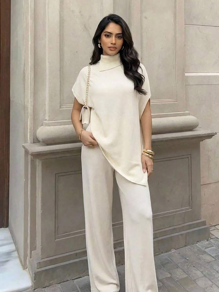 Aloruh Áo thun nữ tay ngắn cổ cao, màu trơn, vạt lệch, kiểu dáng thường ngày, đa năng, chất liệu dệt kim, thích hợp mặc hàng ngày, thanh lịch, công sở, mùa xuân hè, màu mơ.