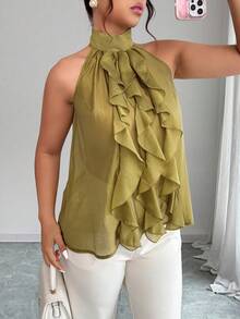 Elenzga Große Größen Elegante Bluse mit Rundhalsausschnitt und Rüschensaum für Damen, Frühling/Sommer - Grün - Übersicht 4