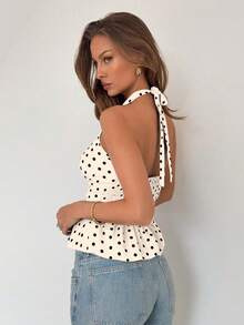 Almamuse Women's V-Neck Halter Ruffle Polka Dot Sleeveless Top, Suitable For Spring Music Festivals - Apricot - View 2