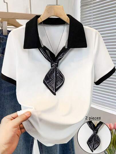 Resyla Women's Casual Patchwork Short Sleeve T-Shirt, Versatile For Commuting And Outings