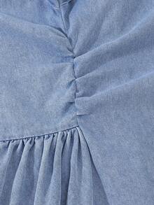 Tween Girl Collared Single-Breasted Pleated Casual Vacation Everyday Denim Dress - Light Wash - View 7