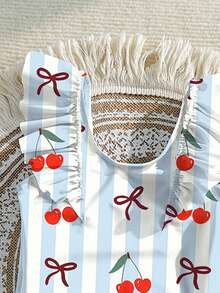1pc Baby/Toddler Girls' One-Piece Swimsuit With Blue Stripe & Cherry Print, Ruffled Trim, Cute For Beach, Vacation, Pool, Summer, Holiday, Travel Toddler Bathing Suit Full Coverage Toddler Bathing Suits Toddler Beach Wear Toddler Cherry Swimsuit Toddler Girl Swimsuit - Multicolor - View 4