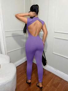SHEIN SXY 性感纯色深V领露背无袖连体裤 - 紫色 - 查看 2