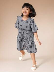 SUMWON Girls Flutter Sleeve Gingham Floral Dress With Ruffle Tiers And Elastic Waist For Spring Summer Casual Wear Vacation - Navy Blue - View 5