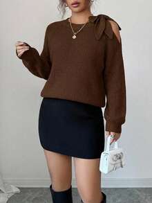 Solid Color Twist Hollow Casual Versatile Long Sleeve Pullover Sweater - Brown - View 3