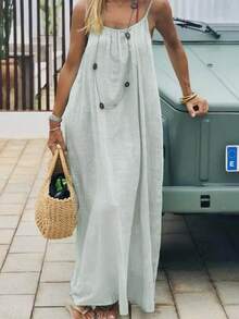 Cévolie 大码女士度假纯色露背系带宽松吊带连衣裙 - 淺藍色 - 查看 3