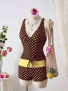 SHEIN Swim Mod 复古波点女士分体式泳衣，修身显瘦，适合水疗、度假和游泳。 - 咖啡棕 - 查看 6