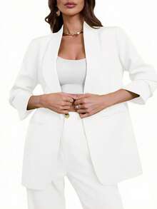 Aveloria Modichic Blazers de manga larga de unicolor con bolsillos - Blanco - Ver 3