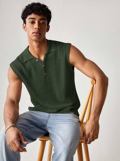 SWAVVY 男士纯色半拉链休闲无袖针织背心