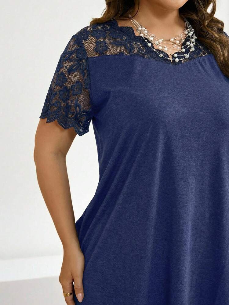 Plus Size Solid Color Lace Patchwork Short Sleeve Dress, Summer Outfits For Women