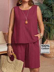 EMERY ROSE 加大码纯色无袖纹理面料两件套，夏季 - 玫瑰紅 - 查看 4