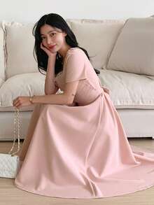 DAZY Women's Square Neck Waist Cinched Mesh Patchwork Mid-Length Dress - Pink - View 2