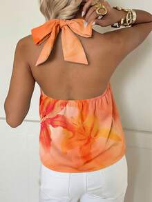 SHEIN EZwear 橙色芙蓉花印花女士吊带上衣，休闲简约度假风，春夏海滩巡航波西米亚西部风情节日海岛女孩复古海滨浪漫度假氛围春假可爱居家柔美女孩洁净女孩音乐节演唱会婚礼宾客城市旅行优雅假日装 - 彩色 - 查看 2