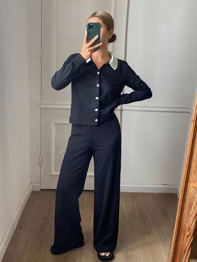 DAZY Contrast Color Design Knit Women Pajama Set