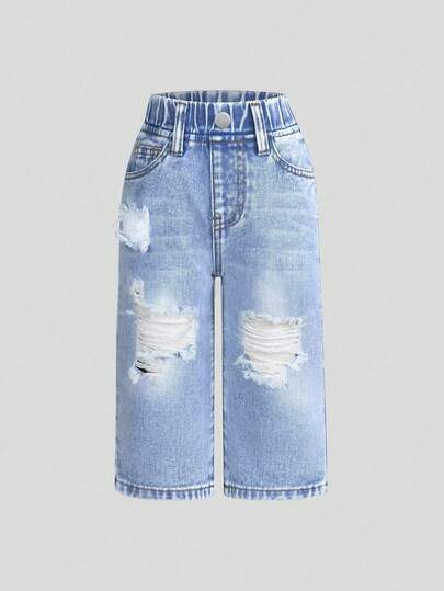 SHEIN Playful Pals 女婴纯色百搭破洞直筒牛仔裤