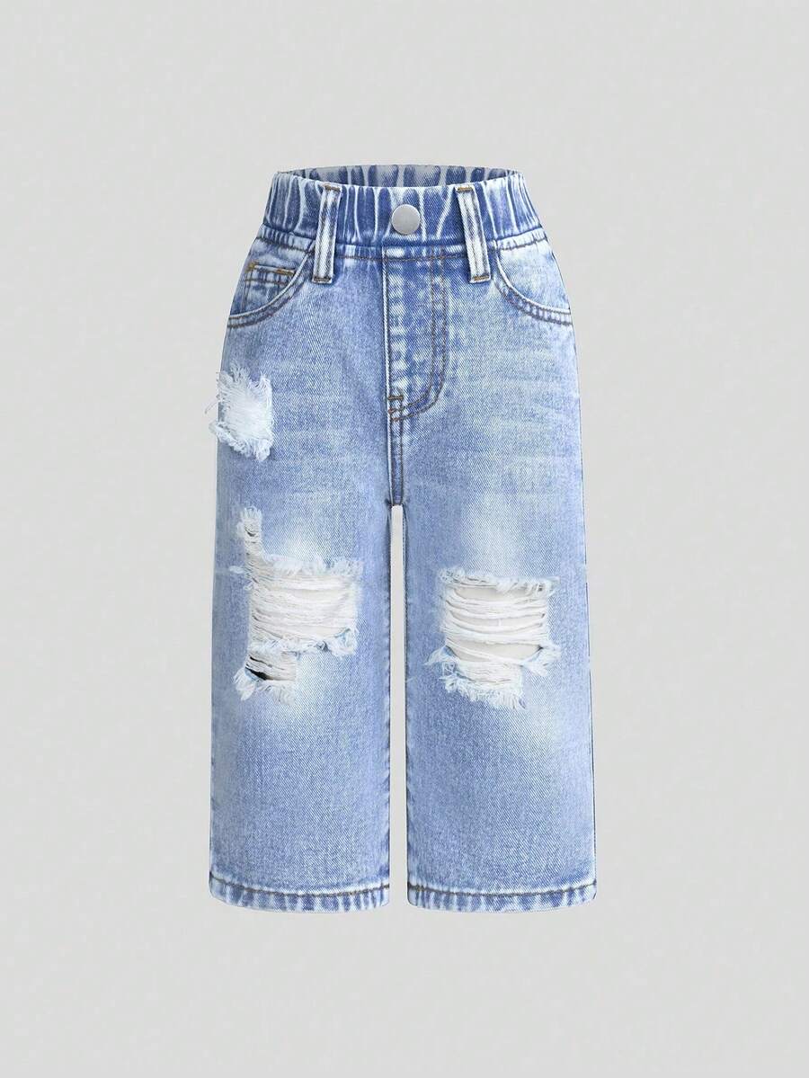 SHEIN Playful Pals 女婴纯色百搭破洞直筒牛仔裤 - 淺色水洗藍 - 查看 1