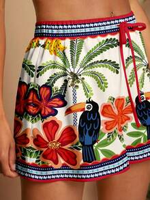 Travachic 休闲简约度假波西米亚风优雅浪漫复古热带植物椰树鹦鹉花卉印花图案，适合音乐节、海滩、度假、夏季郊游的女士抽绳印花短裤，春夏款 - 彩色 - 查看 5