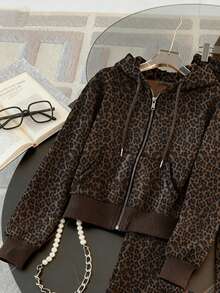 Resyla 2pcs Leopard Print Zip-Up Hoodie Set, Casual Commuter Style, Gift For Friends - Khaki - View 3