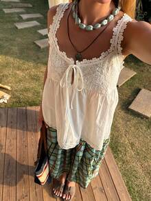 DAZY Áo hai dây nữ dáng chữ A buộc dây phối ren, thích hợp cho kỳ nghỉ hè. - trắng - Xem 5