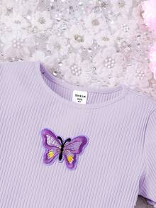 Tween Girl Basic Casual Spring/Summer Knit Round Neck Fitted Butterfly Applique Dress - Mauve Purple - View 4
