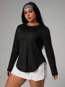 Rhythm Era 大码女式纯色休闲舒适透气长袖T恤 - 黑色 - 查看 5