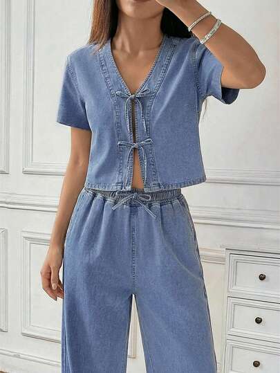 Set de 2 piezas de niña adolescente: Chaqueta de punto azul de mezclilla holgada y pantalones de pierna ancha. Ropa casual de primavera y verano para niñas, atuendo de vacaciones campestre bohemio, conjunto de verano para niña